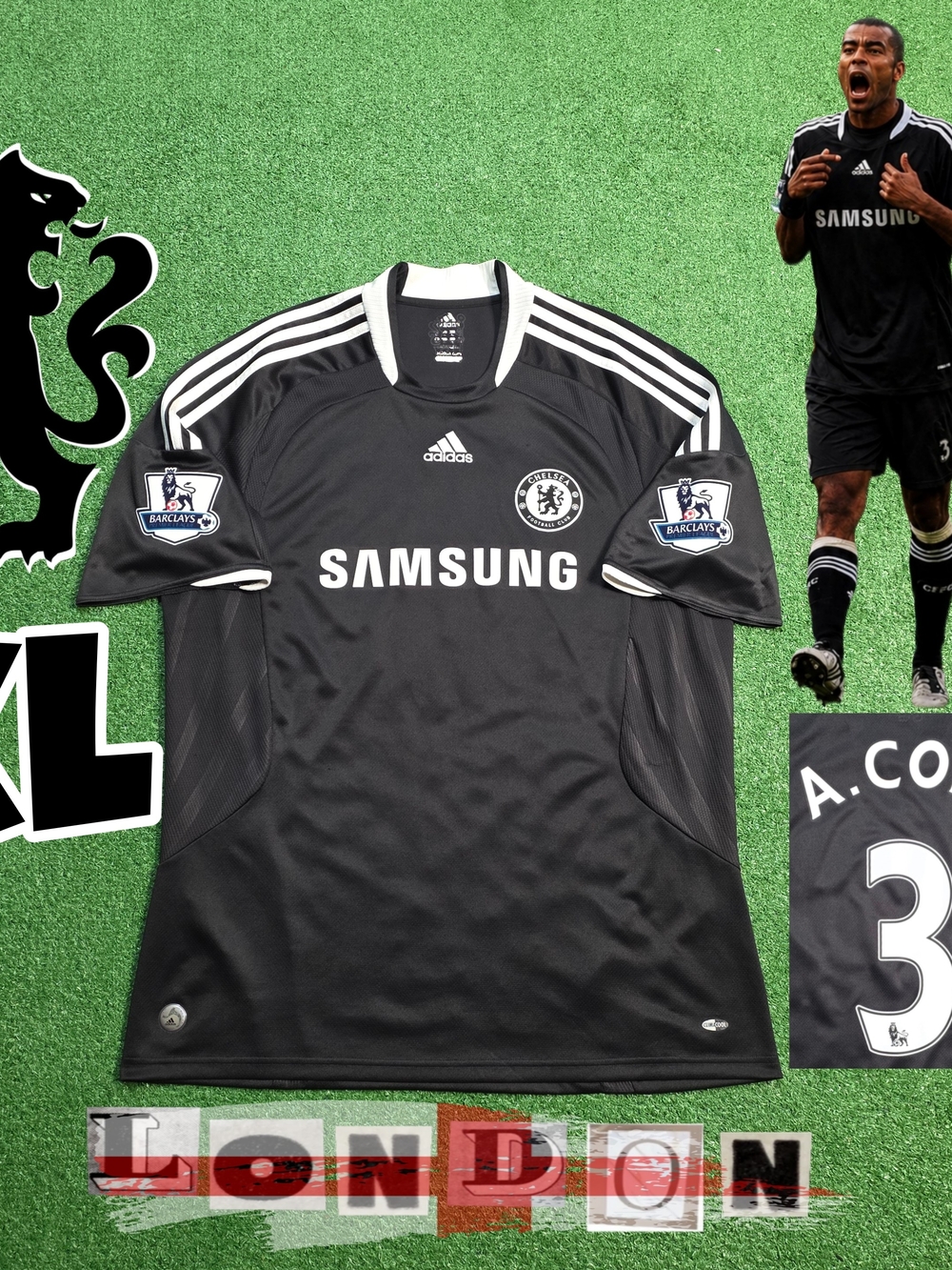 Adidas Chelsea Fc Ashley Cole #3 2008/2009 Away Black Jersey EPL Patches XL